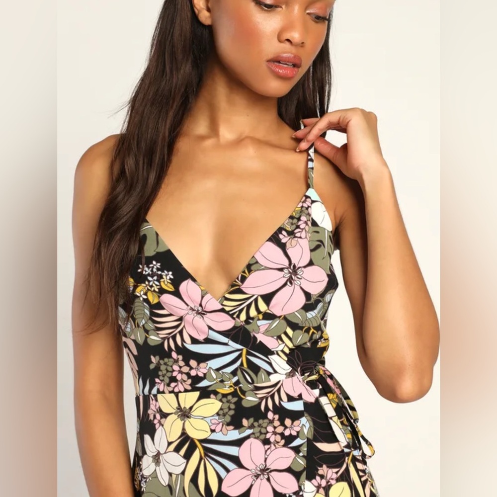 Lulus, dress, floral, wrap around, low cut, midi